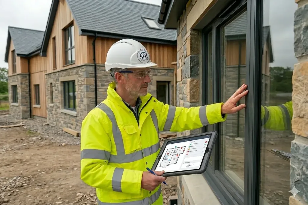 Scottish Home Inspections inspector assessing a new build property exterior with tablet and floor plan